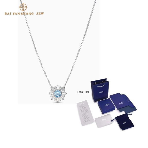 

2020 fashion jewelry swa new sunshine pendant sun flower shape blue crystal white chain women luxury jewelry gift, Silver