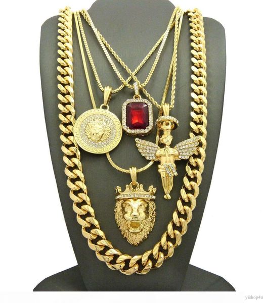 

iced out hip hop red ruby, angel, lion, 12mm 30inch cuban chain 5pcs necklace set singer rapper bling accessories, Silver