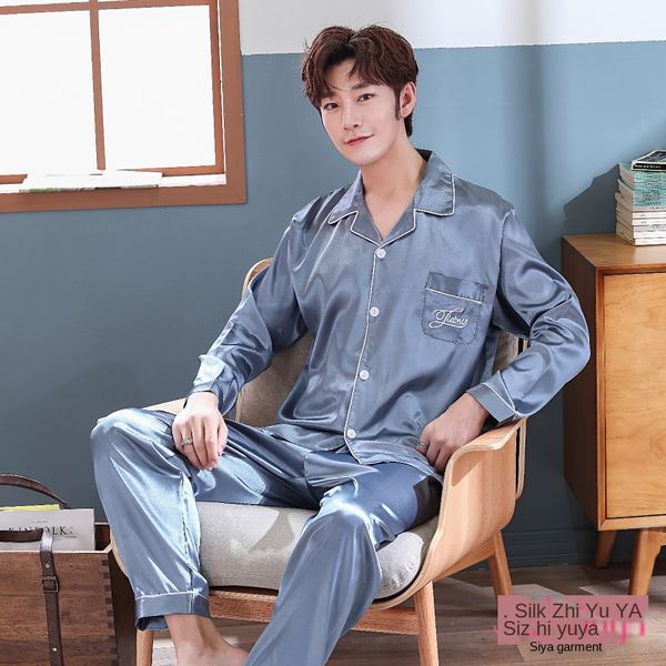 

youth silk-like long-sleeved men's autumn can wear leisure set lapel pajamas pijama hombre men sleepwear mansleepwear nightgwon, Black;brown