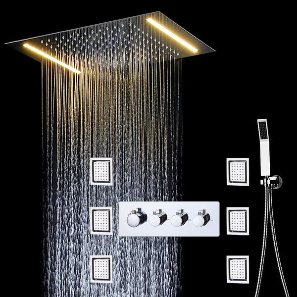 

led rain shower head rainfall 360*500mm rainfall shower set massage 6 body jet with thermostaic valve diverter