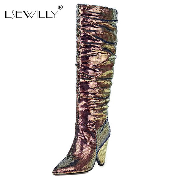 

boots lsewilly brand big size 34-48 women shoes slip-on sequined colth pleated chunky heels pinted toe keen high, Black
