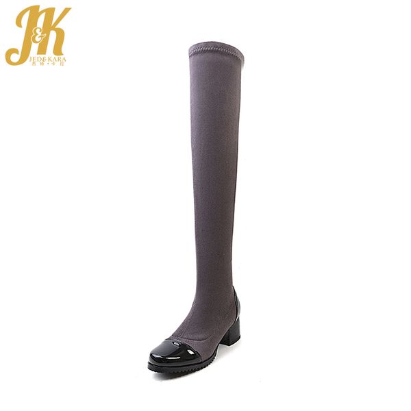 

jk over the knee stretch women boots winter thick high heels boot square toe flock footwear 2020 new shoes fashion lady shoes, Black