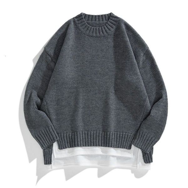 

winter fake two-piece sweater men's warm fashion solid color casual knitted pullover men clothes loose mens knitting sweaters, White;black
