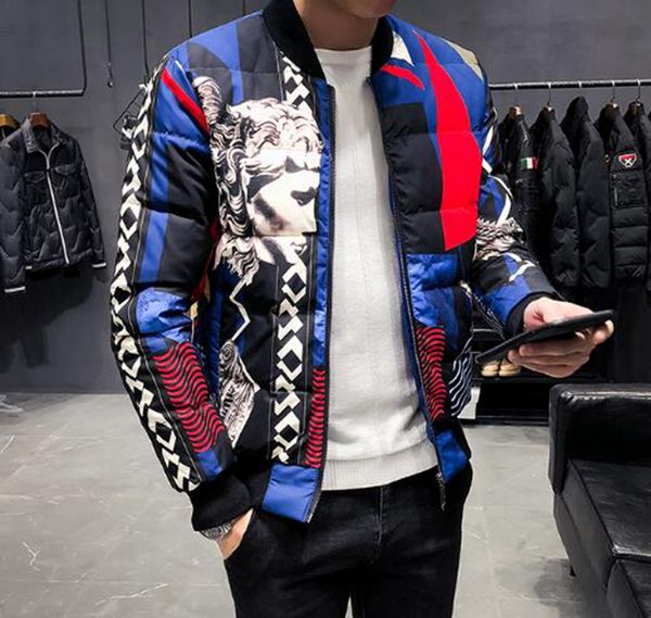 

men's korean version of the boutique sale personalized retro winter short style baseball collar printed cotton and down jacket / m-5xl, Black