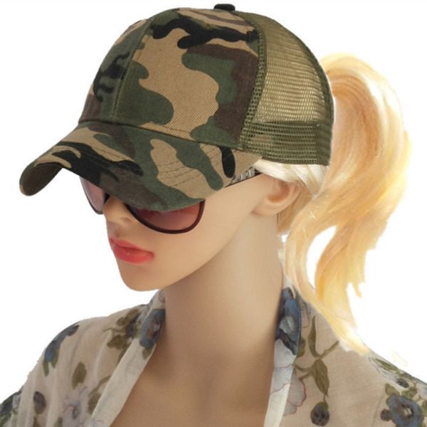 

fashion camouflage women's baseball cap 2020 new messy bun pony cap summer mesh breathable camo casual sun hat green, Blue;gray