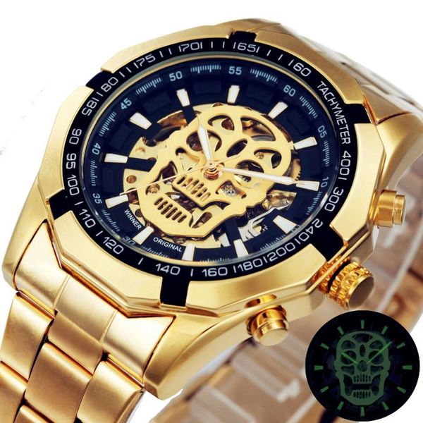

winner men mechanical skull watches winner stainless steel skeleton watches mechanical men wristwatch, Slivery;brown