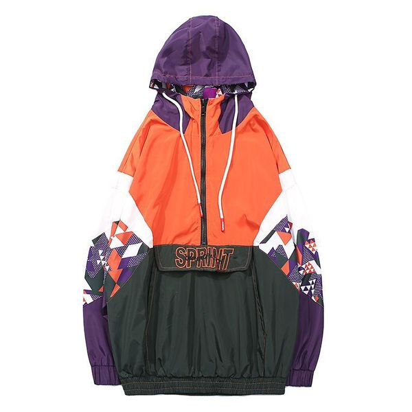 

harajuku color block jacket hooded windbreaker embroidery men hip hop jackets coat streetwear half zip track jacket 2020 autumn, Black;brown