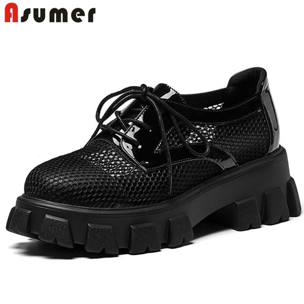 

asumer 2020 patent leather single shoes women flat platform shoes round toe lace up breathable casual woman, Black
