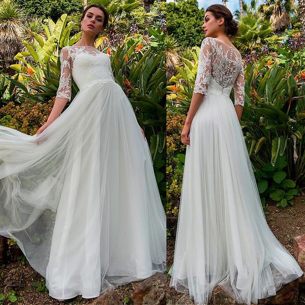 

fabulous tulle bateau neckline a-line wedding dress with lace appliques half sleeves bridal dress vestidos de noche, Blue;red