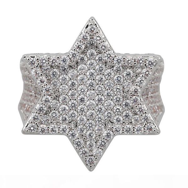 

real gold white gold dark green iced out цирконий шестиугольная звезда палец кольцо диапазона сохранения цвета bling алмазный рэппер кольцо, Silver