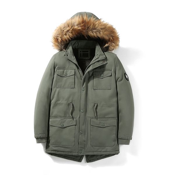 

winter parka men casual hooded fur collar thick warm wool liner winter coat men windbreaker mid-long drawstring parka jacket, Black