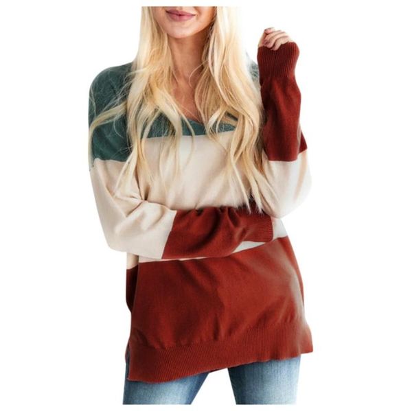 

loose striped patchwork o-neck long sleeve pullover women's loose striped color stitching v-neck long sleeve pullover sweater, White;black