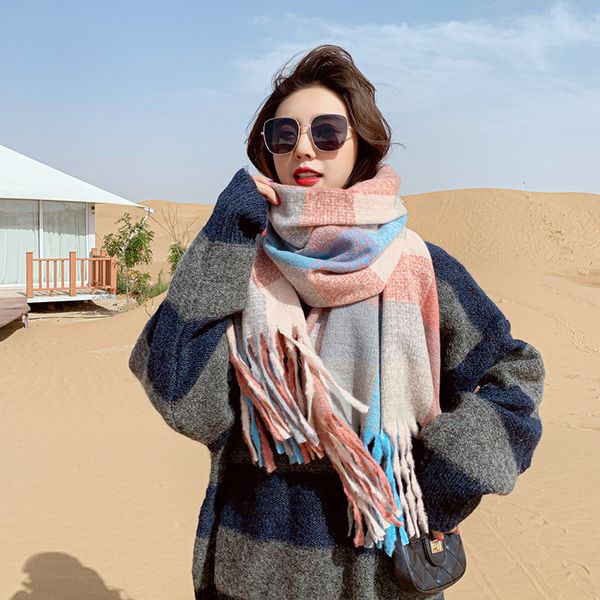 

scarves royalmaybe color matching cashmere plaid scarf women thickened warmth and contrast fringe long shawl striped, Blue;gray