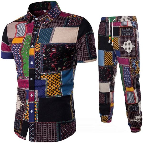 

fashion mens leisure suits short sleeve shirt+pants plaid pattern casual summer cardigan male lapel neck tracksuits outfits asian plus size, Gray