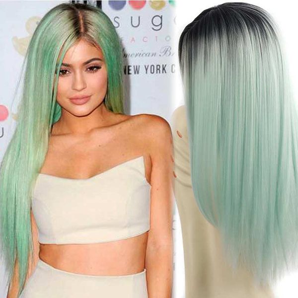

synthetic wigs long straight ombre cosplay costume wig heat resistant fiber mint green black roots full wigs for woman