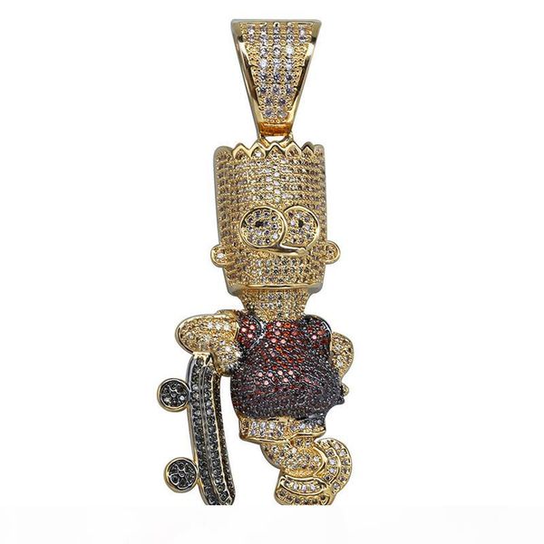 

iced bart simpson skateboard necklace pendaant iced out zircon gold silver plated mens hip hop jewelry