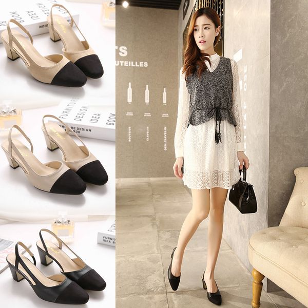 

2020 small real with women's shoes spelling coarse color with sandals, Black