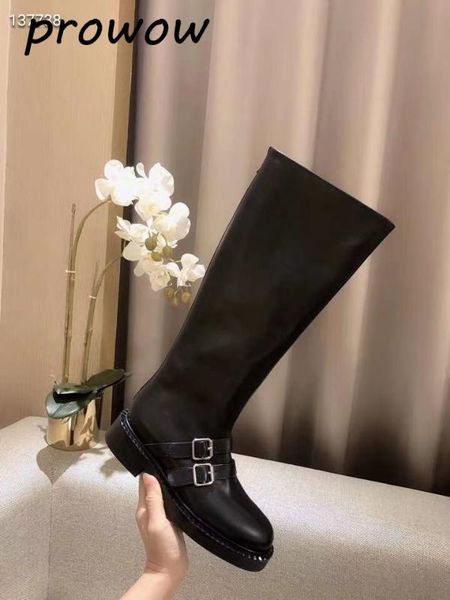

new new genuine leather knee high boots buckle strap zip side thick heel low heel moto boots shoes ladies, Black