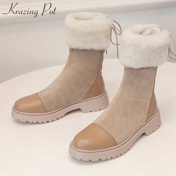 

krazing pot chic lace up cow leather patchwork flock lambswool snow boots round toe winter keep warm women mid-calf boots l45, Black