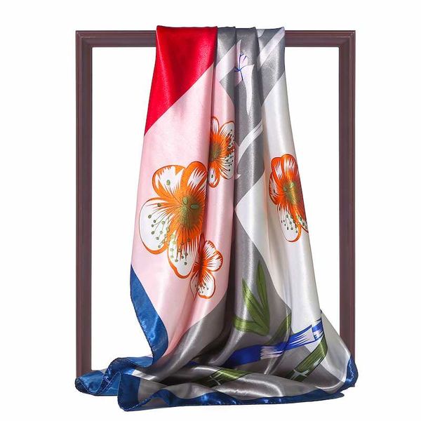 

90*90 cm square women scarf silk hijab foulard office neck scarves print shawls lady warps summere beach bandana, Blue;gray