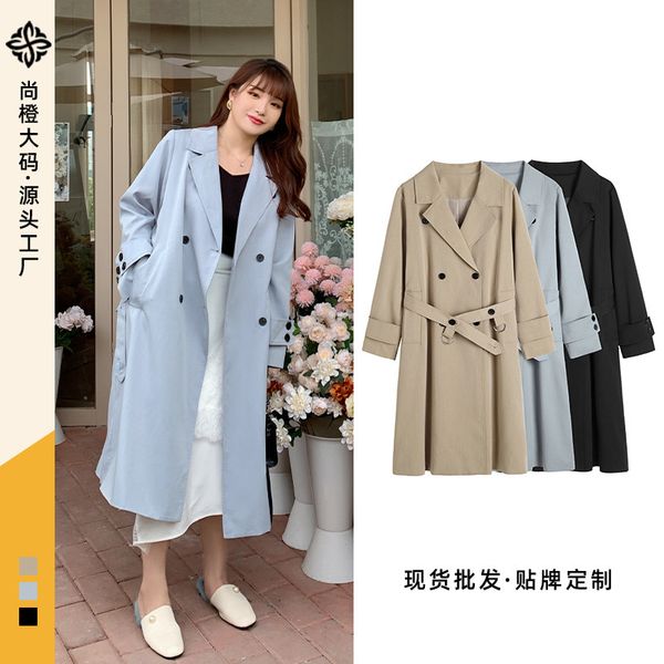 

shang orange] large size british temperament lace-up windbreaker coat autumn and winter new long knee overcoat women's clothing 9824, Black;white