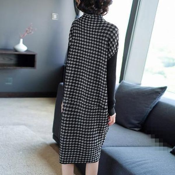 

plus size women black houndstooth twill knitting stretch sweater dress winter female dresses clothing robes, Black;gray
