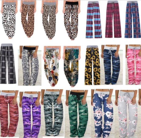

women wide leg trousers drawstring elastic pants camo leopard floral plaid flare pants yoga loose bloomers home clothing plus size e82001, White