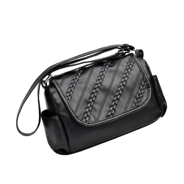 

elegant women black pu leather handbags strap adjustable crossbody bag casual style shoulder bag weave strip messenger