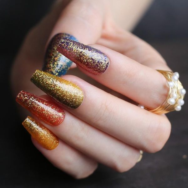 

false nails multicolored jelly glitter summer ombre coffin fake orange yellow red green salon glossy ballet nail medium art, Red;gold