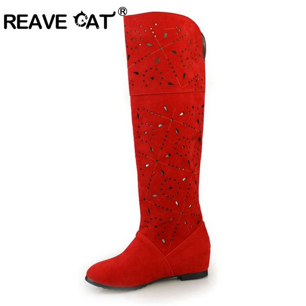 

reave cat summer cut-outs knee boots high-leg boots faux leather flock flat hole women shoes black red summer rh243