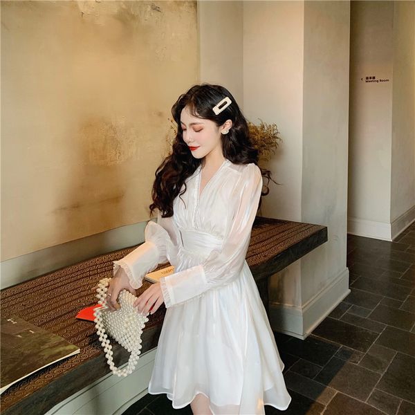

long sleeve v-neck white bubble sleeve children's autumn retro small fragrance temperament slim waist slim dress, Black;gray
