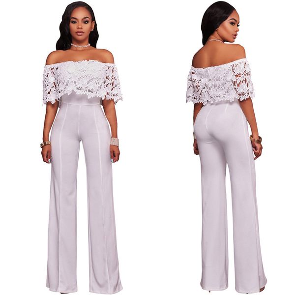 

floral lace panelled slash neck full length pants bodysuit natural color jumpsuits for woman summer casual fashion female rompers, Black;white