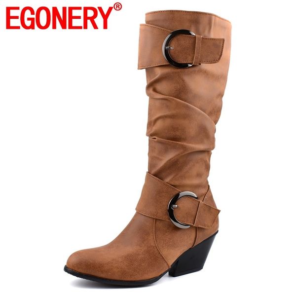 

boots egonery winter fashion knee high outside mid heels pointed toe slip-on buckle women shoes drop size 34-45, Black