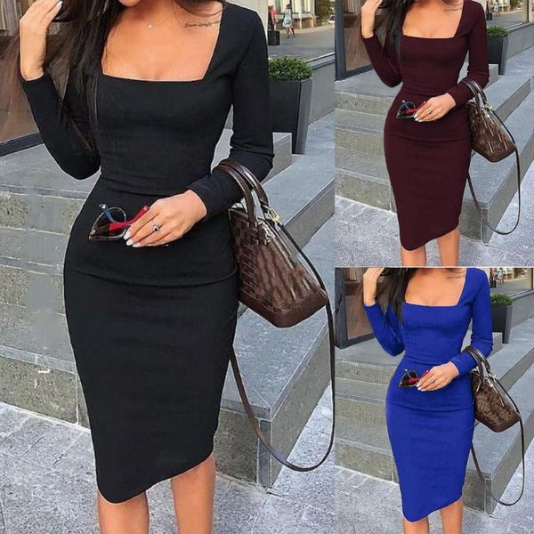 

casual dresses 2021 autumn dress women long sleeve square collar slim bodycon bandage solid streetwear short party, Black;gray