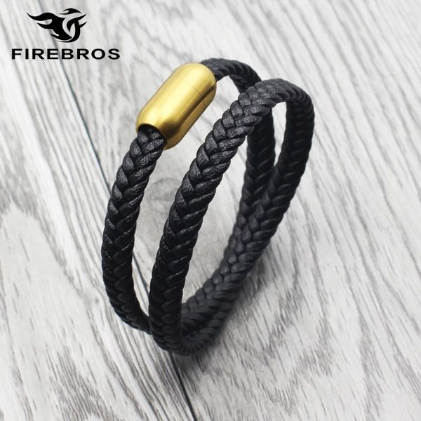 

charm bracelets firebros 2021 hiphop men jewelry gift multilayer braided genuine leather bracelet gold color stainless steel magnetic buckle, Golden;silver