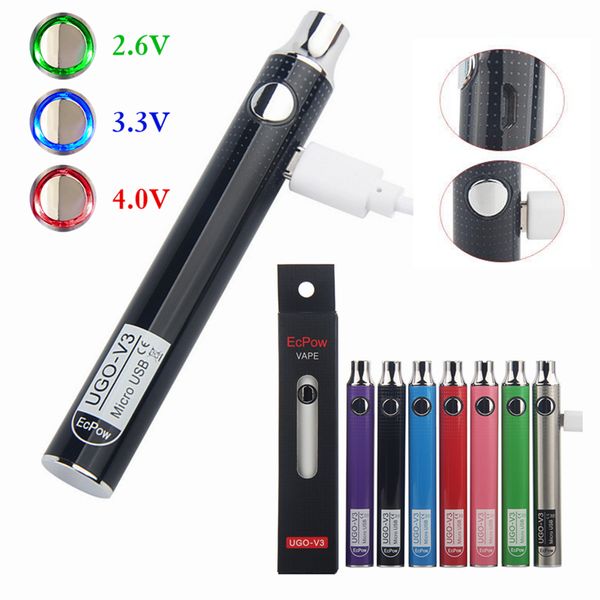 Otantik 650mAh 900mAh UGO V3 Vape Pen 510 İplik Önceden ısıtılabilir Pil ve Kalın Yağlar İçin Değişken Voltajlı Akıllı Arabalar Akıllı Arabalar