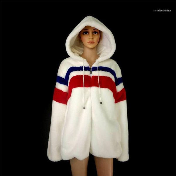 

zipper female clothing fashion warm style casual apparel women winter designer faux fur solid contrast color hoodies long sleeve, Black