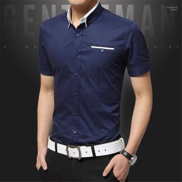 

short sleeve mens casual shirts business teenager handsome lapel neck slim solid color mens shirts with pockets, White;black