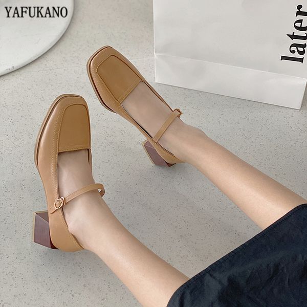 

retro square toe mid heel women single shoes high heels japanese college style chunky heel small leather shoes casual lady pumps, Black