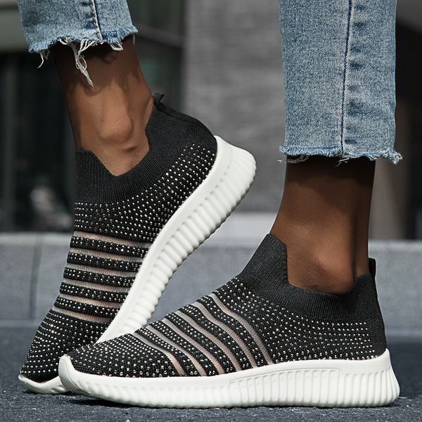 

women bling socks flats sneakers crystal fashion running sneakers slip on sock trainers woman diamond sports shoe zapatillas 43