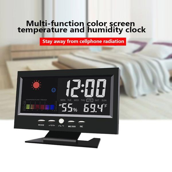 

lcd electronic digital alarm clock large color screen deskweather forecast snooze temperature humidity backlight table clock