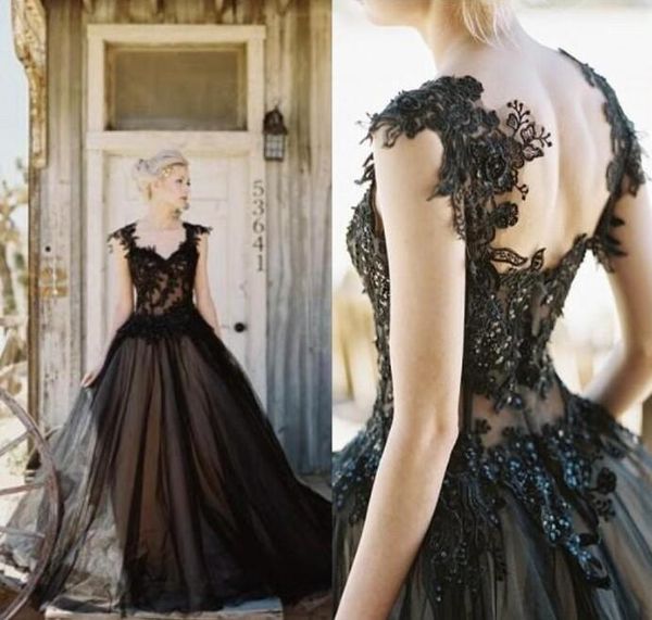 Abiti da sposa gotici neri Applique in pizzo Ritratto Collo Illusion Top Cerniera posteriore Scollo a V Abito da ballo da sposa su misura vestido de novia