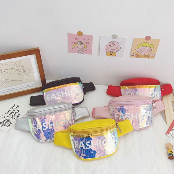 

children leather waist bag 2020 new laser fanny pack for kids phone chest bag boy girl waist pack baby holographic purse