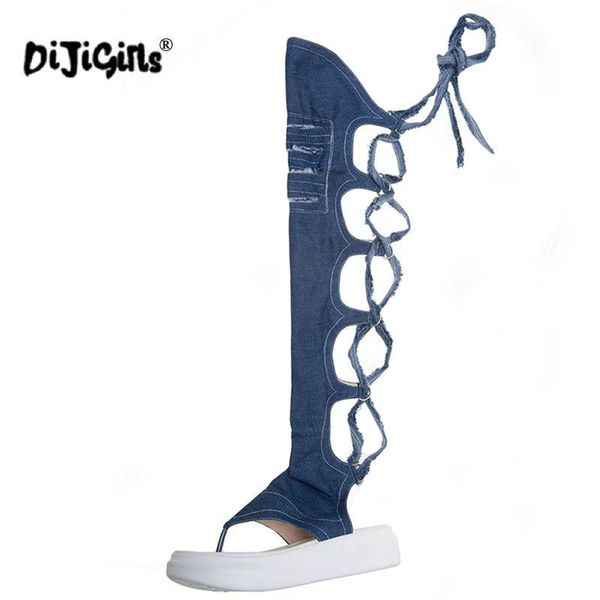 

boots dijigirls summer women fashion thick bottom shoes thigh high over the knee woman cross-tied gladiator drop, Black
