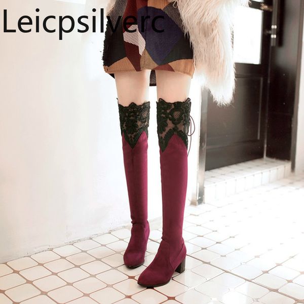 

winter new style fashion flock pointed lace-up hollow lace thick heel high heel women's over the knee boots plus size 33-46, Black