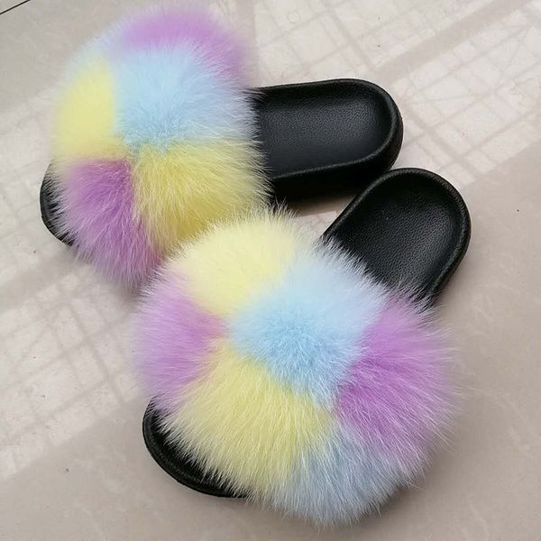 

slippers ladies real fur slippers home furry flat sandals women cute fluffy house shoes women luxury, Black