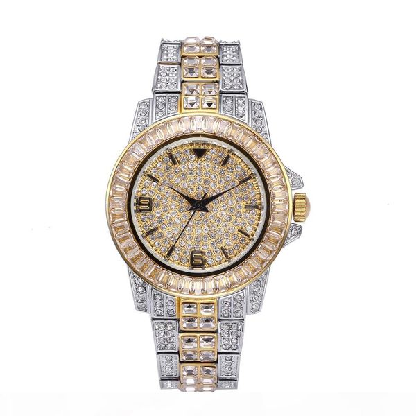 

brand iced out watch quartz gold hip hop wrist watches with micro pave cz stainless steel refined wristband clock hours, Slivery;brown