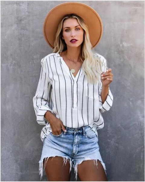 

филенчатые естественный цвет рубашки вскользь с длинным рукавом нагрудные шеи рубашки новый стиль женщина рубашки мода полосатый, White