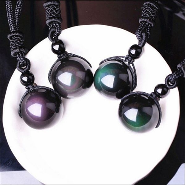 

1pcs vintage shining lucky stone black crystal bead rainbow eye gloss pendant obsidian necklace rope chain women jewelry, Silver