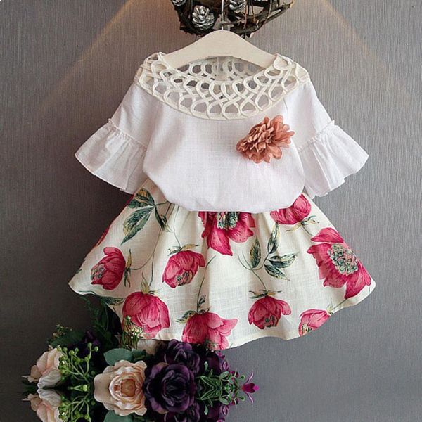 

new kids girls short sleeve shirt + flowers skirt set summer dress outfits baby clothes fashionable cute august 11, White
